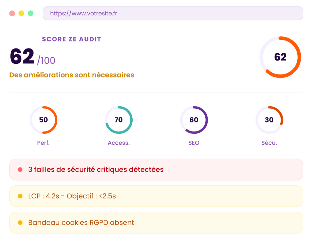 Exemple de rapport d'audit Ze Audit Web montrant les scores SEO, performance et s&eacute;curit&eacute;